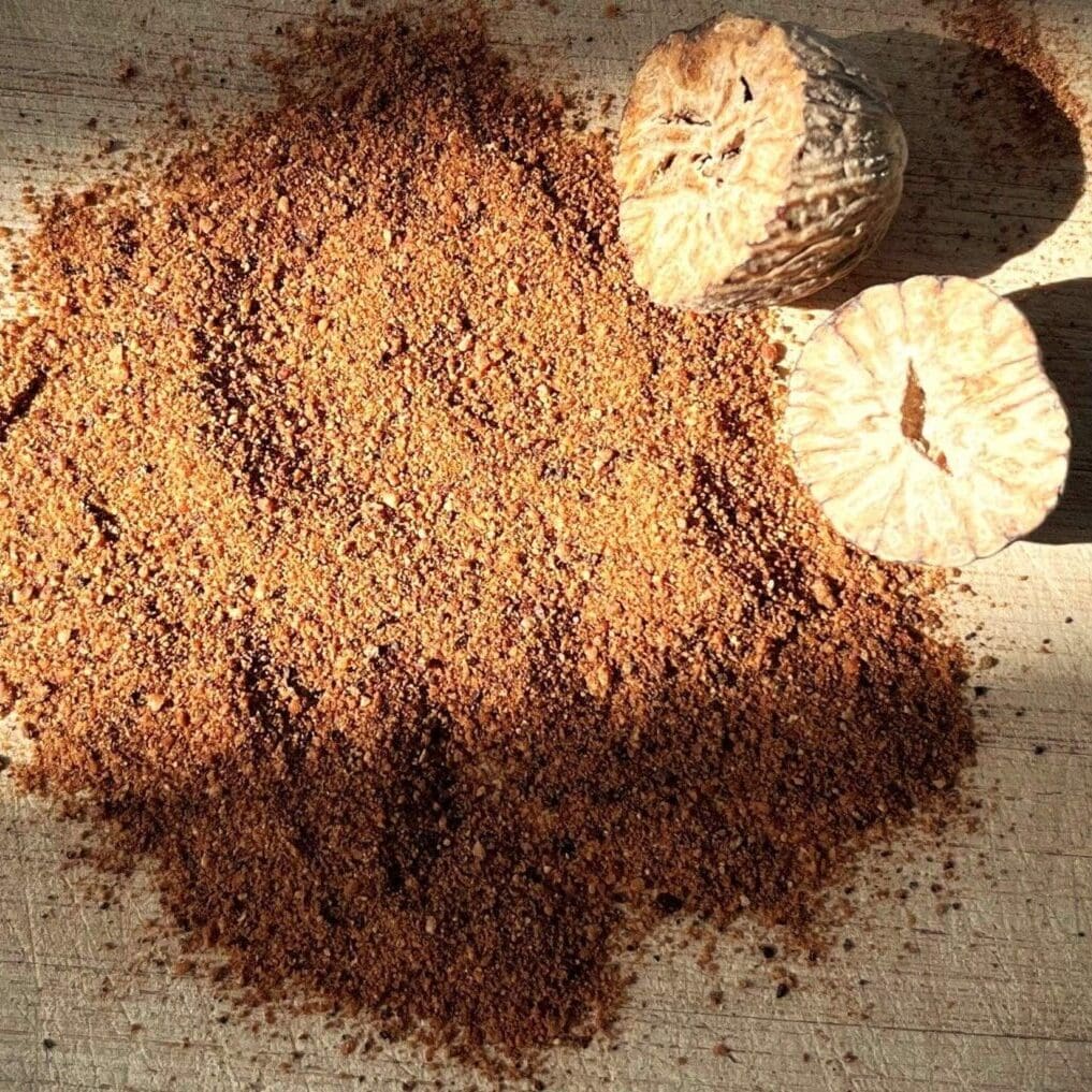 nutmeg on a wooden board to Get in the Rezzi Zone with organic resveratrol supplements for high performing men with nutmeg